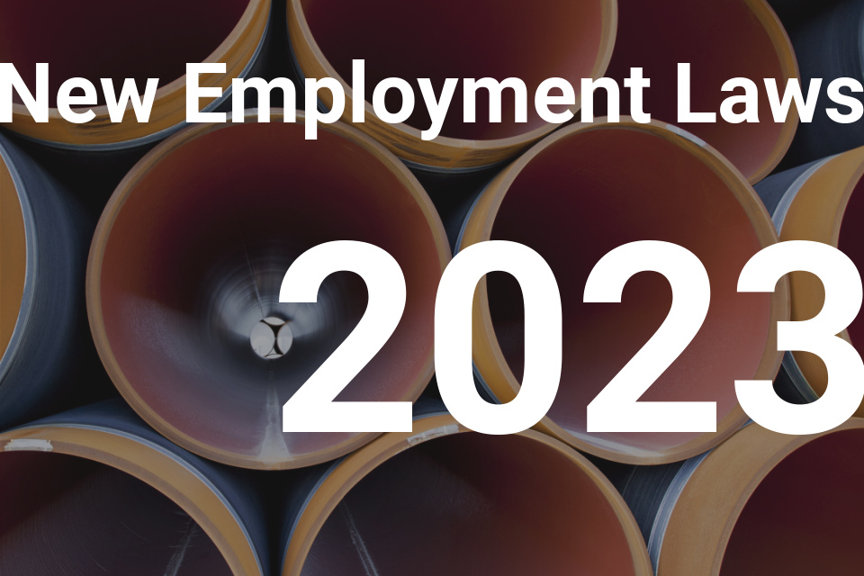 Image like binoculars, industrial pipes, denoting foresight with text New Employment Laws 2023 overlayed